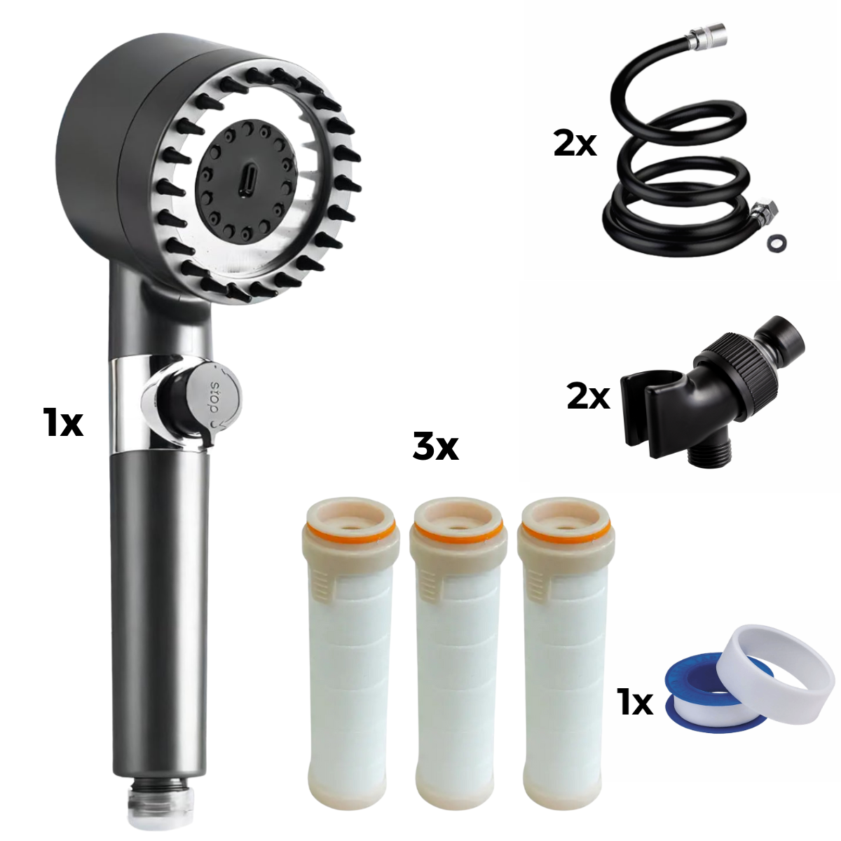 Stortkop + 2x slang + 2x adapter + 3x filter + teflon tape